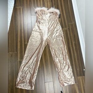 NWT New York & Co Lena Rose Gold Blush Sequin Sweetheart Strapless Jumpsuit
